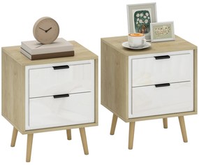 Conjunto de 2 Mesas de Cabeceira Modernas com 2 Gavetas de Deslizamento Silencioso Pés de Madeira 40x35x50 cm Branco Brilhante e Carvalho