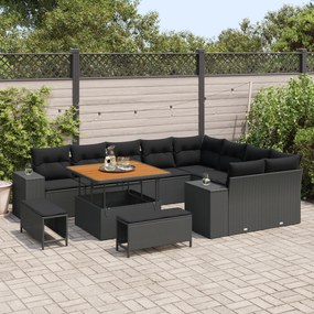 Conjunto de Sofá de Jardim vidaXL de 12 Peças com Almofadas Preto Ratt