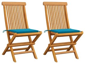 Cadeiras de jardim c/ almofadões azuis 2 pcs teca maciça