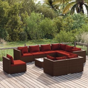 vidaXL 10 pcs conjunto lounge de jardim c/ almofadões vime PE castanho