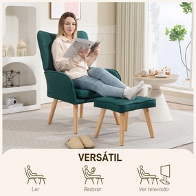 Poltrona com Apoio para Pés Poltrona de Leitura com Capitonê Pés de Madeira e Revestimento em Linho 70x72x94 cm Verde Escuro