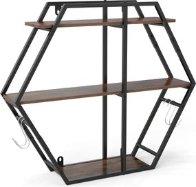 Prateleira hexagonal de parede 80 x 18 x 69,5 cm com 3 níveis flutuantes com ganchos de metal e madeira para quarto, sala de estar, café