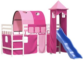 Cama alta para criança com torre 80x200 cm pinho maciço rosa
