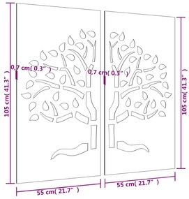 Decoração muro de jardim 2pcs 105x55cm aço corten design árvore