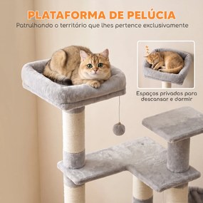 Árvore Arranhadora para Gatos 152 cm Multinível com Casinha Rede Cama Escada Arranhadora 4 Postes de Sisal e Bolas Cinza Claro