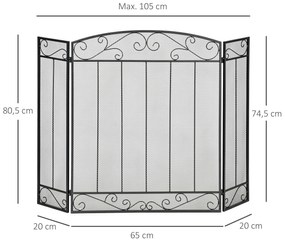 Protetor Dobrável para Lareira Protetor para Lareiras com 3 Painéis Dobradiças Estrutura de Metal e Arame Decorativo 105x80,5cm Preto