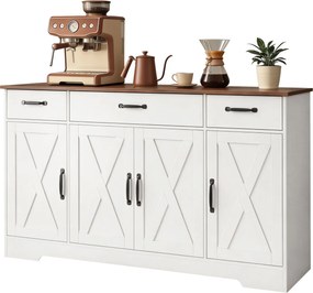 Aparador de Cozinha, 140 x 40 x 81 cm, 4 Portas Tipo Celeiro, Branco