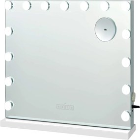 Espelho de maquilhagem com 2 altifalantes 15 luzes LED 3 cores de luz Espelho pequeno com ampliação de 10x Espelho cosmético Bluetooth Branco
