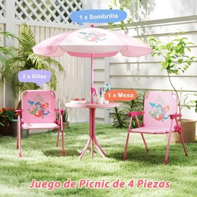 Conjunto de piquenique para crianças 3-6 anos Mesa de atividades ao ar livre com 2 cadeiras dobráveis e guarda-sol ajustável em altura Rosa