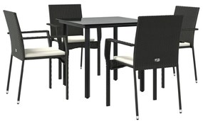 5 pcs conjunto de jantar p/ jardim c/ almofadões vime PE preto