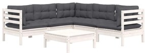 6 pcs conj. lounge de jardim c/ almofadões pinho maciço branco