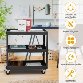 Carrinho de metal multifuncional 77,5 x 38 x 79 cm com 3 prateleiras e pega ergonómica Rodas para escritório ou garagem Preto