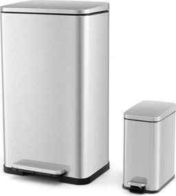 Conjunto de caixotes do lixo de 40 litros + 6 Litros em aço e baldes interiores amovíveis para lixo de cozinha Prateado