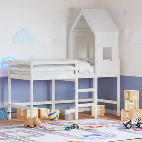 vidaXL Cama alta c/ escada e telhado 80x200 cm pinho maciço branco