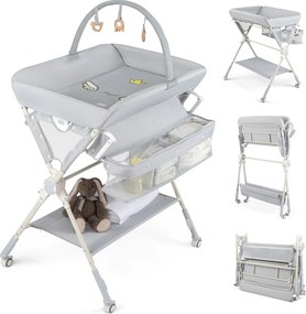 Mudador fraldas dobrável com banheira, 3 alturas ajustáveis, rodas com travão, brinquedos e espaço de arrumação, portátil para recém-nascidos, cinzent