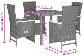 5 pcs conjunto de jantar p/ jardim c/ almofadões vime PE preto