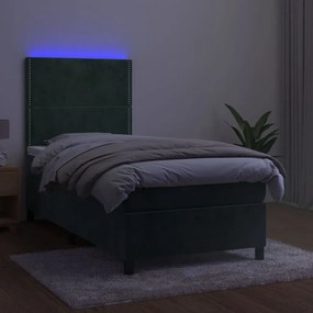 Cama box spring c/ colchão/LED 90x200 cm veludo verde-escuro