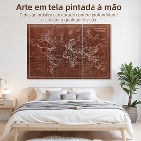 Quadro Decorativos Mapa Múndi Vintage Pintados à Mão 120x60 cm Quadros de Arte de Parede com Moldura de Madeira Castanho