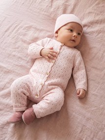 Conjunto macacão e gorro para recém-nascido menina rosa-pálido
