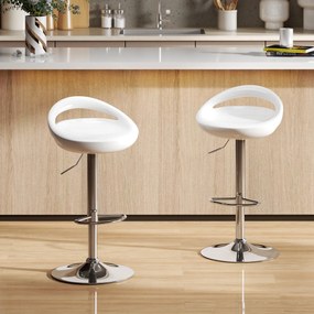 Conjunto de 2 bancos de bar com altura ajustável, encosto e apoio para os pés, giratórios a 360°, 46x41x76-96 cm, branco