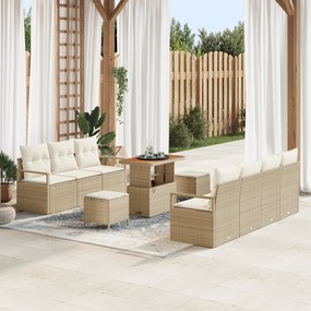 Conjunto de Sofá de Jardim de 10 Peças com Almofadas Bege Polyrattan Acácia