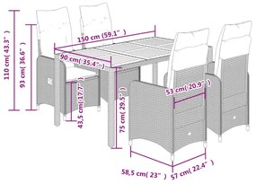 5 pcs conjunto de bistrô para jardim c/ almofadões vime PE bege