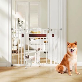 Grelha de proteção para cães ou bebes 74-104 cm x 76 cm, para porta sem perfuração, grelha de proteção com porta pequena, branca.
