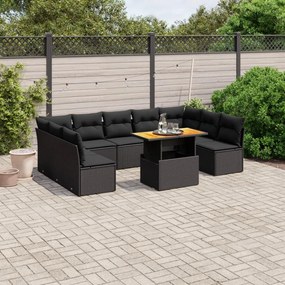10 pcs conjunto sofás de jardim c/ almofadões vime PE preto