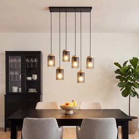 Candeeiro suspenso moderno preto com madeira e vidro cinza fosco 6 luzes - Umbra