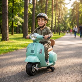 Mota Elétrica Infantil 6V para crianças 18-36 meses Mini Vespa GTS com 2 Rodas Auxiliares, Bateria de Lítio, Farol, Buzina e Encosto, Verde
