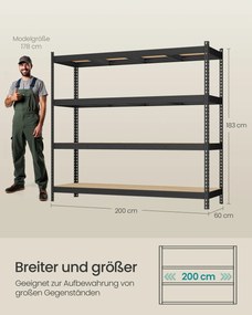 Estante para cargas pesadas 60 x 200 x 183 cm com 4 prateleiras estáveis em MDF com 8 mm de espessura Preta