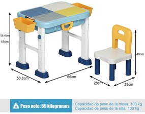 Conjunto de Mesa e Cadeira para Crianças Blocos de Actividade Areia Infantil Blocos de Actividade 6 em 1 Dobráveis com Altura Ajustável