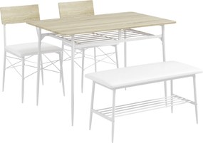 HOMCOM Conjunto de mesa de jantar de 4 peças com cadeiras e banco para 4 pessoas, assentos estofados, estrutura em aço, madeira, Carvalho | Aosom Portugal