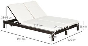 Outsunny Conjunto de Espreguiçadeiras Exterior de Vime 2 Lugares com Almofadas Acolchoadas Resistente à Água com Encosto Ajustável em 5 Níveis Suporta 220kg 195x120x28cm Marrom e Branco Creme
