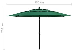 Guarda-sol de jardim 3 camadas c/ poste de alumínio 3,5 m verde
