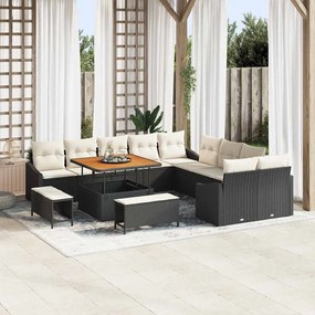 Conjunto de Sofá de Jardim vidaXL de 13 Peças com Almofadas Preto Vime Acácia