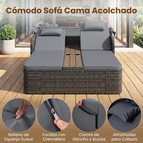Cama de rattan jardim dupla com toldo retrátil 203 x 159 x 141 cm, encostos ajustáveis e mesa central com porta-copos para jardim, piscina e terraço c
