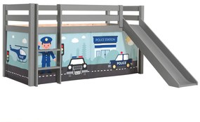 Cama alta de Criança PINO 90 x 200 cm + estrado + escada + escorrega + cortina Policia Cinzenta