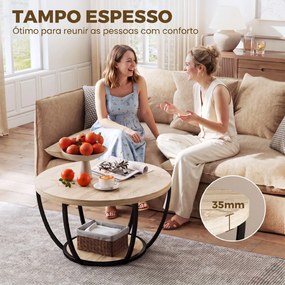 Mesa de Centro Redonda para Sala com Prateleira e Estrutura Metálica 80x80x43,8 cm Carvalho
