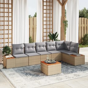 Conjunto de Sofá de Jardim 7 Peças com Almofadas Bege Vime Polipropileno Acácia