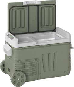 Outsunny Frigorífico de camping 33 L, caixa térmica de viagem, frigorífico portátil para carro com 2 compartimentos e rodas, plástico, verde | Aosom Portugal