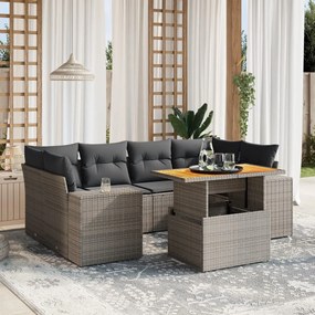 7 pcs conjunto sofás p/ jardim c/ almofadões vime PE cinzento