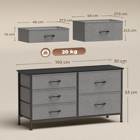Cómoda com 5 Gavetas de Tecido com Estrutura de Aço Para Sala Escritório 100x30x53 cm Preto e Cinza Escuro