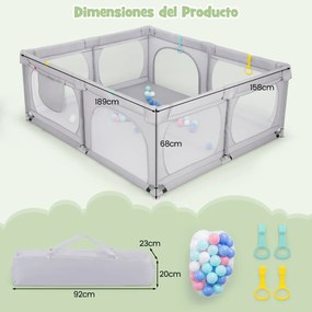 Parque para bebés dos 0 aos 3 anos com 4 argolas 50 bolas do oceano Bolso de arrumação em rede respirável com fecho de correr Cinzento claro