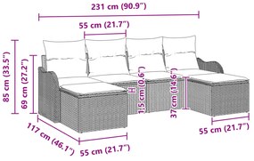 Conjunto de Sofá de Jardim de 6 Peças com Almofadas de Vime Cinza