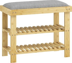 HOMCOM Banco Sapateira de Bambu Sapateira com Assento Almofadado 2 Prateleiras para 6 Pares de Sapatos 60x29x49 cm Madeira e Cinzento | Aosom Portugal