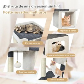Arranhador para gatos com Pequena Torre 80 cm e bola felpuda Centro de atividades para gatinhos Branco e cinza