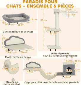 Prateleiras de parede para gatos, conjunto de móveis de parede de 6 peças, rede de bolhas em acrílico, compartimentos abertos, rede e escada bege, cin