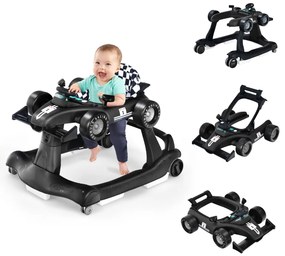 Andador 4 em 1 para crianças, dobrável, atividade de empurrar, com altura ajustável e carrilhão de velocidade com luzes, volante Preto