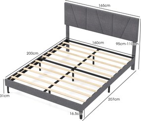 Estrutura de cama 160 x 200 cm (COLCHÃO NÃO INCLUIDO) com plataforma estofada, cabeceira geométrica ajustável em altura e ripas de madeira cinza
